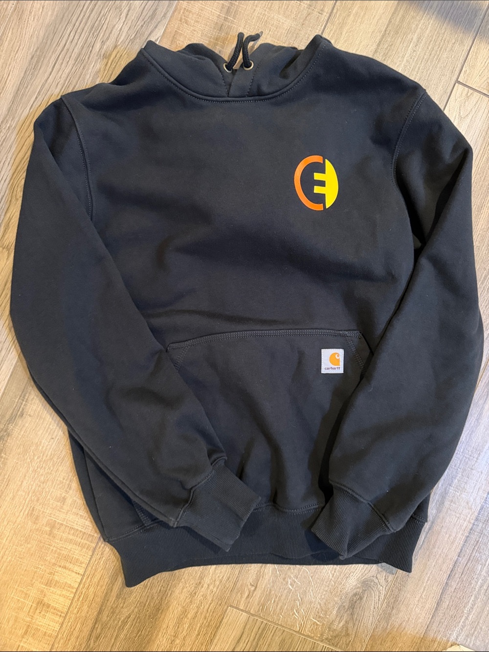 Carhartt Small Black Hoodie with Orange and Yellow Chest Logo